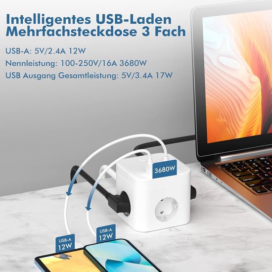 Plug cube avec USB - Multiprise 7 en 1 avec 4 USB - Prise 3 voies avec  interrupteur 