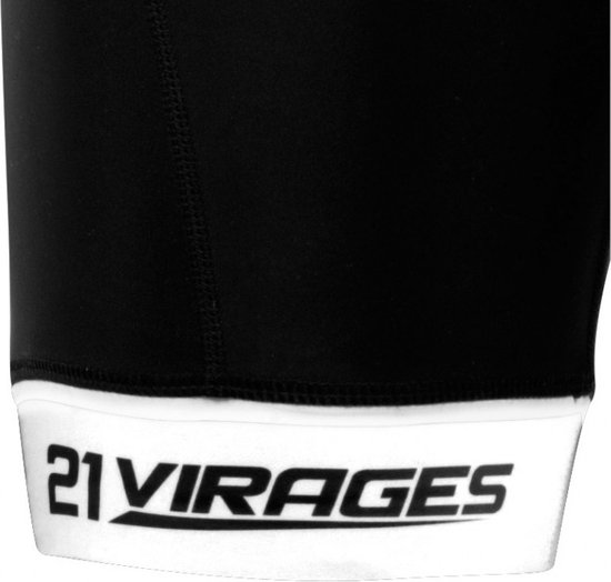 Zwarte fietsbroek met witte band met '21 VIRAGES' logo.