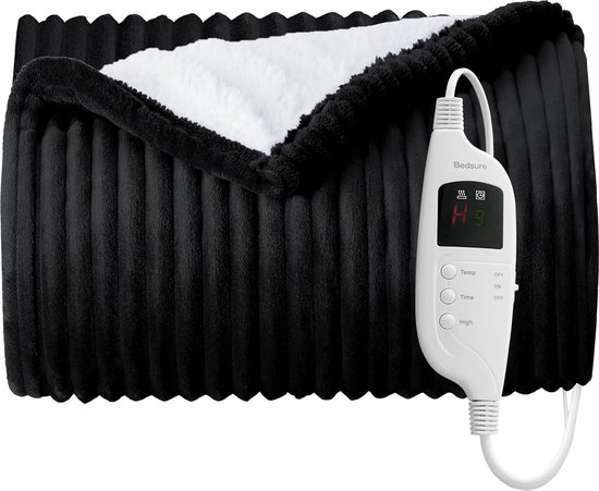 Elektrische deken 130x180cm Zwart geribbeld - 8 warmtestanden 9 tijdinstellingen snelle opwarming - wasbaar - zachte/warme fleece deken voor bed, kantoor, bank