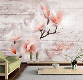 Fotobehangkoning - Behang - Vliesbehang - Fotobehang Magnolia - Bloem op Hout - Subtlety of the Magnolia - 250 x 175 cm