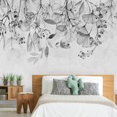 Fotobehangkoning - Behang - Vliesbehang - Fotobehang - Foggy Nature - Grey - Bladeren Grijs - 100 x 70 cm