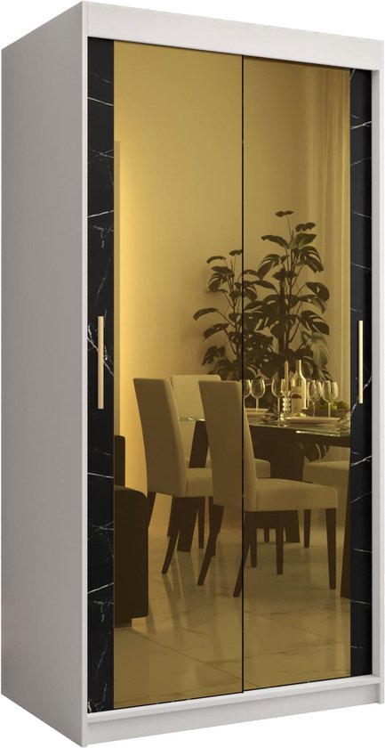 Zweefdeurkast met spiegel Kledingkast met 2 schuifdeuren Garderobekast slaapkamerkast Kledingstang met planken (LxHxP): 100x200x62 cm - Denlo T3 (Wit + Zwart, 100)