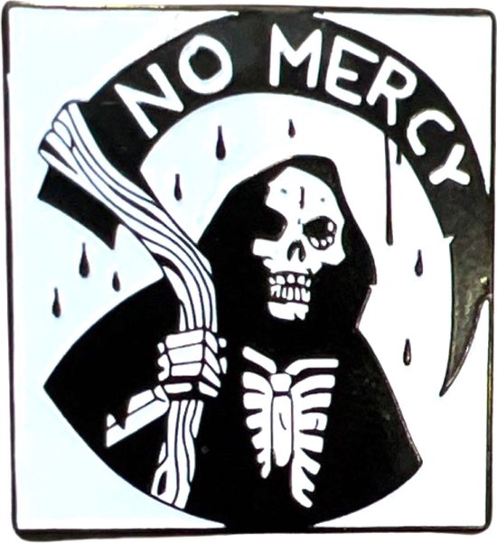 No Mercy Tekst Magere Hein Emaille Pin 2.8 cm / 3 cm / Wit Zwart