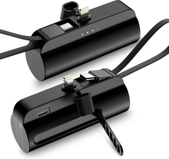Mini Powerbank - Geschikt voor Apple iPhone Lightning - Powerbanks met USB C kabel en 8 Pin connector - Power bank 5000 mah