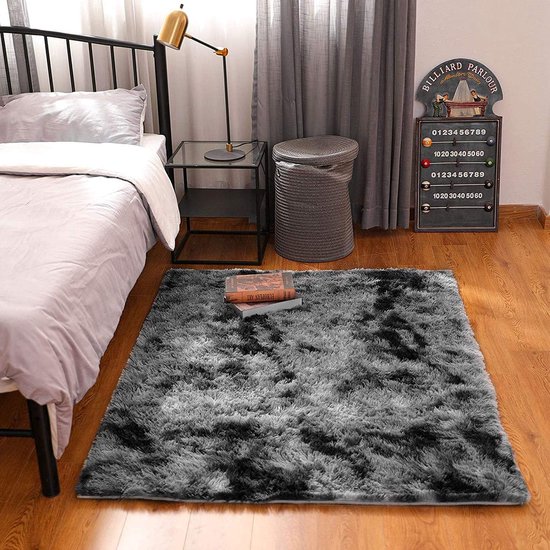 Woonkamertapijt, Shaggy-tapijt, slaapkamer, modern tapijt, indoor, comfortabel, huis, vloertapijt (grijs/zwart, 120 x 160 cm)