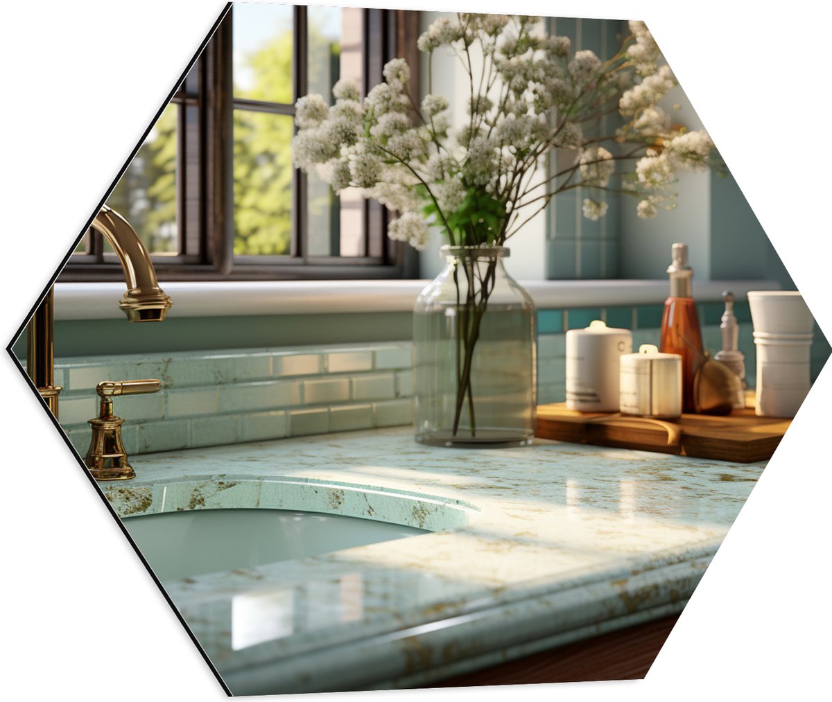 Dibond Hexagon - Keuken - Aanrecht - Wasbak - Bloemen - Raam - Kraan - Marmer - Goud - 60x