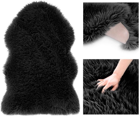 Vloerkleed lamsvacht kunstbont hoogpolig bedmat rechthoekig zwart 50x150 cm