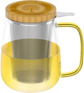 Thee glas met zeef en deksel - Grote glazen theekop, 700 ml - XXL drinkglas set met handvat, geel - Plasticvrij.