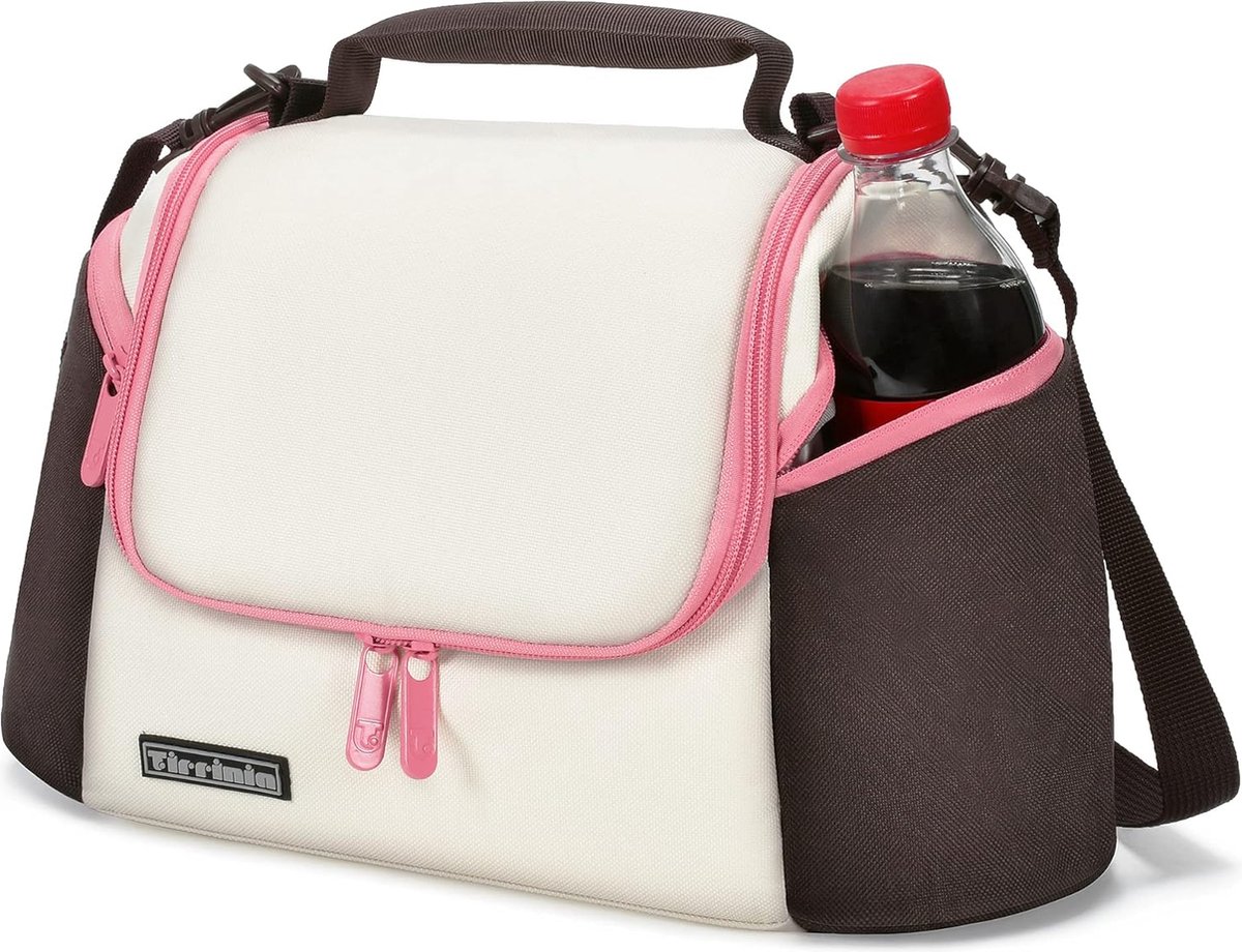 Koeltas, lunchtas voor dames en heren, thermotas, picknicktas, isolatietas met 2 zakken met ritssluiting voor volwassenen, voor kantoor, werk, picknick, wit, roze