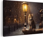 Artaza Canvas Schilderij Kat bij een Lantaarnpaal in de Winter - 120x80 - Groot - Foto Op Canvas - Wanddecoratie Woonkamer