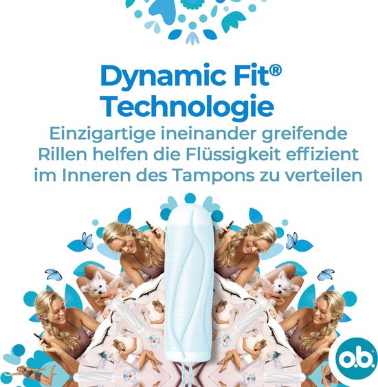 Dynamische Fit® technologie van O.B. tampons. Illustraties van vrouwen met honden en vlinders. Grote tampon in het midden.