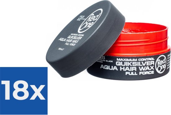 Pot noir ouvert avec contenu rouge de Red One Quicksilver Aqua Hair Wax. 18 pièces.