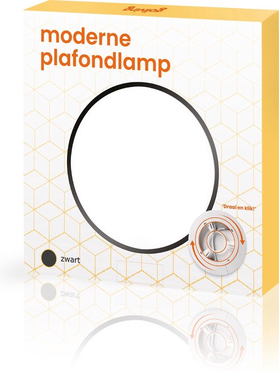 Doos van de moderne zwarte Goliving plafondlamp met demonstratie van de draai-en-klik montage.