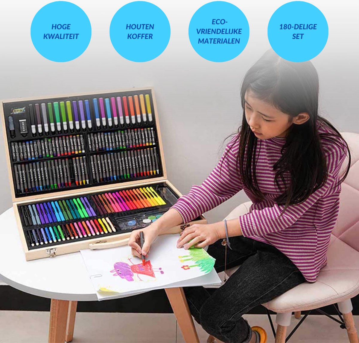 Buxibo Luxe 180-Delige Teken- en Verf Set - Tekendoos met Kleurpotloden, Waskrijt en Acrylverf - Tekenset Compleet voor Kinderen en Volwassenen — afbeelding 17