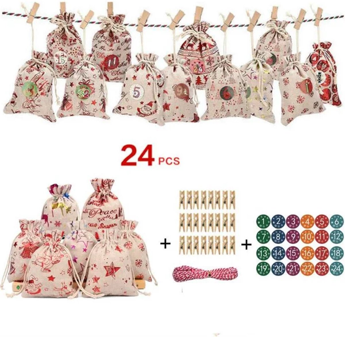 MOZY - #2 DIY Adventskalender Zakjes - 24 Jute Zakjes - Meerkleurig - Inclusief Knijpertjes en Touw - Adventskalender Zelf Vullen - Kerstdecoratie - Kerst - Kerstcadeau - Aftellen Kerst