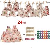 MOZY - #2 Sacs de calendrier de l'Avent DIY - 24 sacs en jute - Multicolore - Comprend des piquets et une corde - Calendrier de l'Avent à remplir soi-même - Décoration de Noël - Noël - Cadeau de Noël - Compte à rebours de Noël