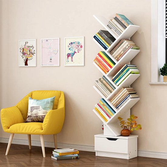 Boekenkast, Boomvorm, Staande plank, Boekenkast in de vorm van een boom met lade, 10-laags boekenkast, Ruimtebesparend, CD- en DVD-plank, voor slaapkamer, woonkamer en thuiskantoor.