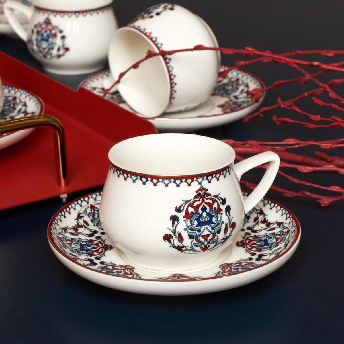 Karaca Nakkaş 6lı Nakkash Turkse Koffie Kopjes Set Voor 6 Personen, 12 TLG, 90 ml, 6X Espresso Kopje en 6X Schotel, Mokka Kopjes, Porselein Espresso Kopjes Set, Koffie Kopjes met Schotel-Espresso Set