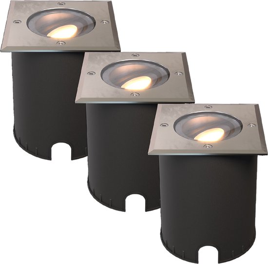HOFTRONIC - Set van 3 Cody LED Grondspots XL RVS - Vierkant - Dimbaar en kantelbaar - IP67 Waterdicht - GU10 4.5W 345 Lumen - Geschikt voor tuin, oprit en pad