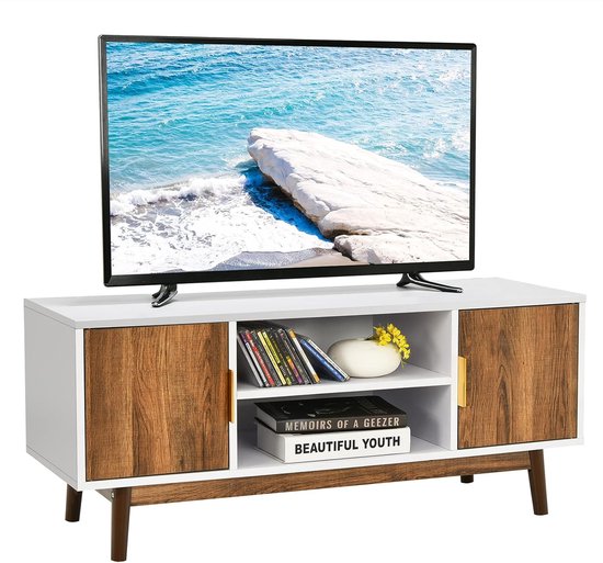 Meuble TV VASAGLE 140cm Montage Sans Outils | Support TV Jusqu'à 60" | Verre Cannelé | Blanc Et Gris Moderne