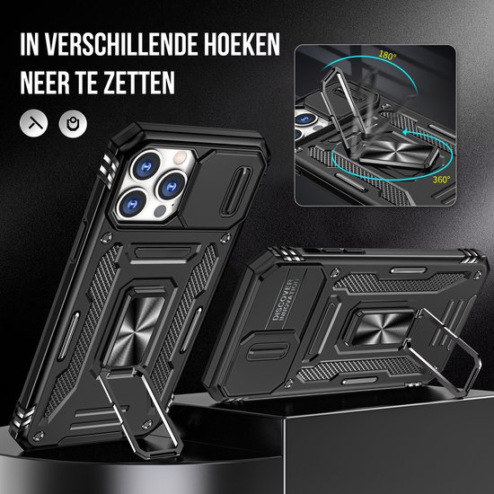 Podec Coque pour iPhone 11 Pro Max Zwart - Coque Anti-Choc Hybride Armure avec Ring de Béquille et Protecteur d'écran