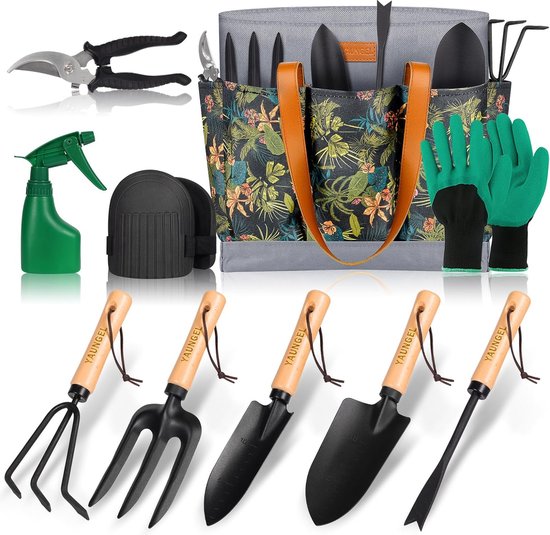 Moendergo 10-delige tuingereedschapsset, tuingereedschapsset met troffel, verplantmachine, hark, tuinschaar, schoppen en waterspuitfles (groen