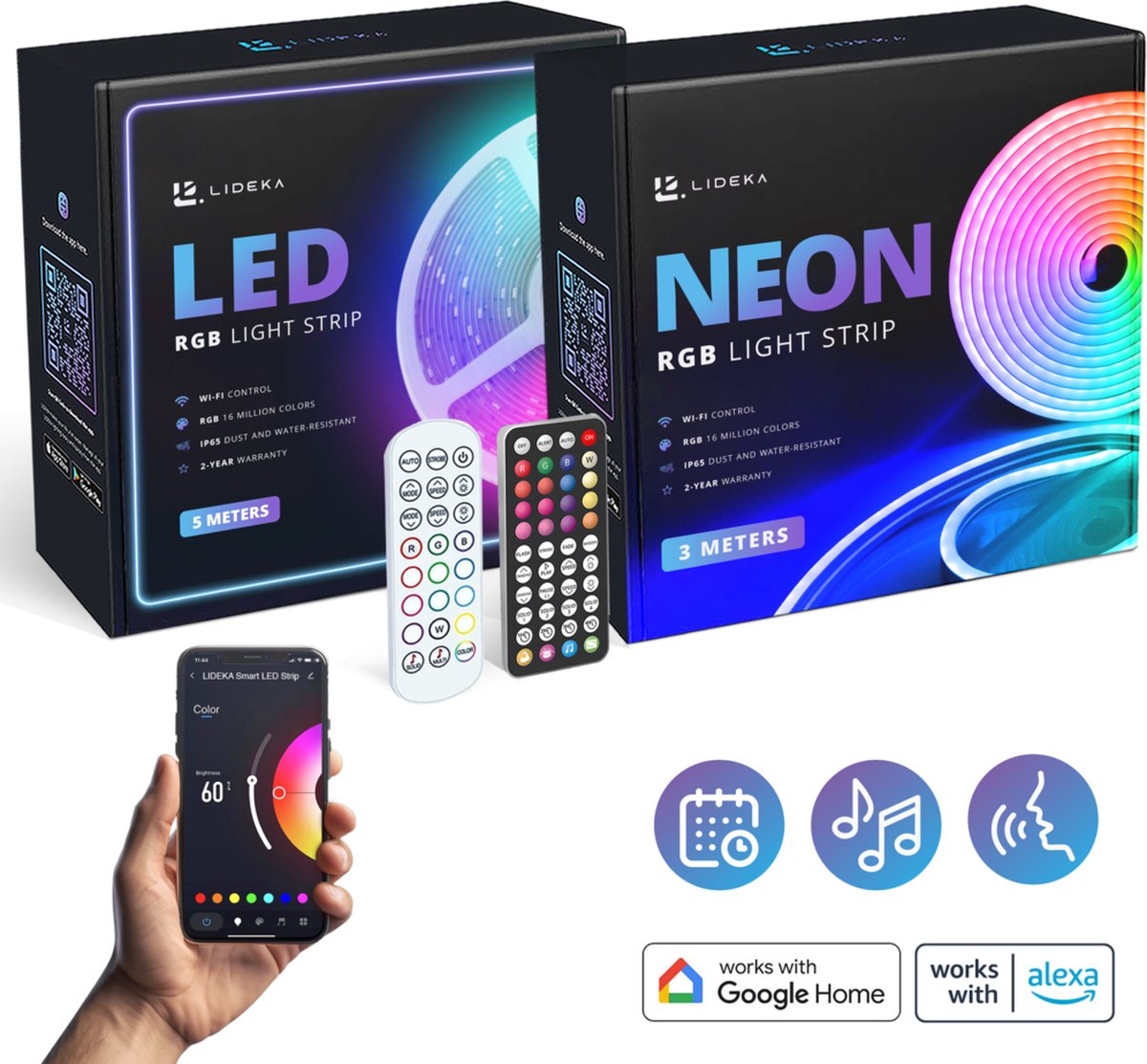 Lideka® - NEON RGB LED Strip 3 Meter + RGB LED Strip 5 Meter - IP68 en IP65 Voor Buiten - Zelfklevend met afstandsbediening En App - Smart LED Strip - Compatible met Google Home, Amazon Alexa En Siri