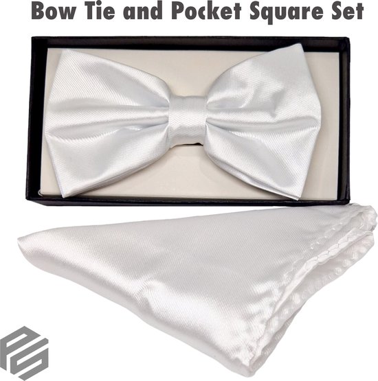 Bow Tie Including Pochette - Bow Tie - Bow Tie - Pocket Square - White High Quality 30% soie 70% Polyester