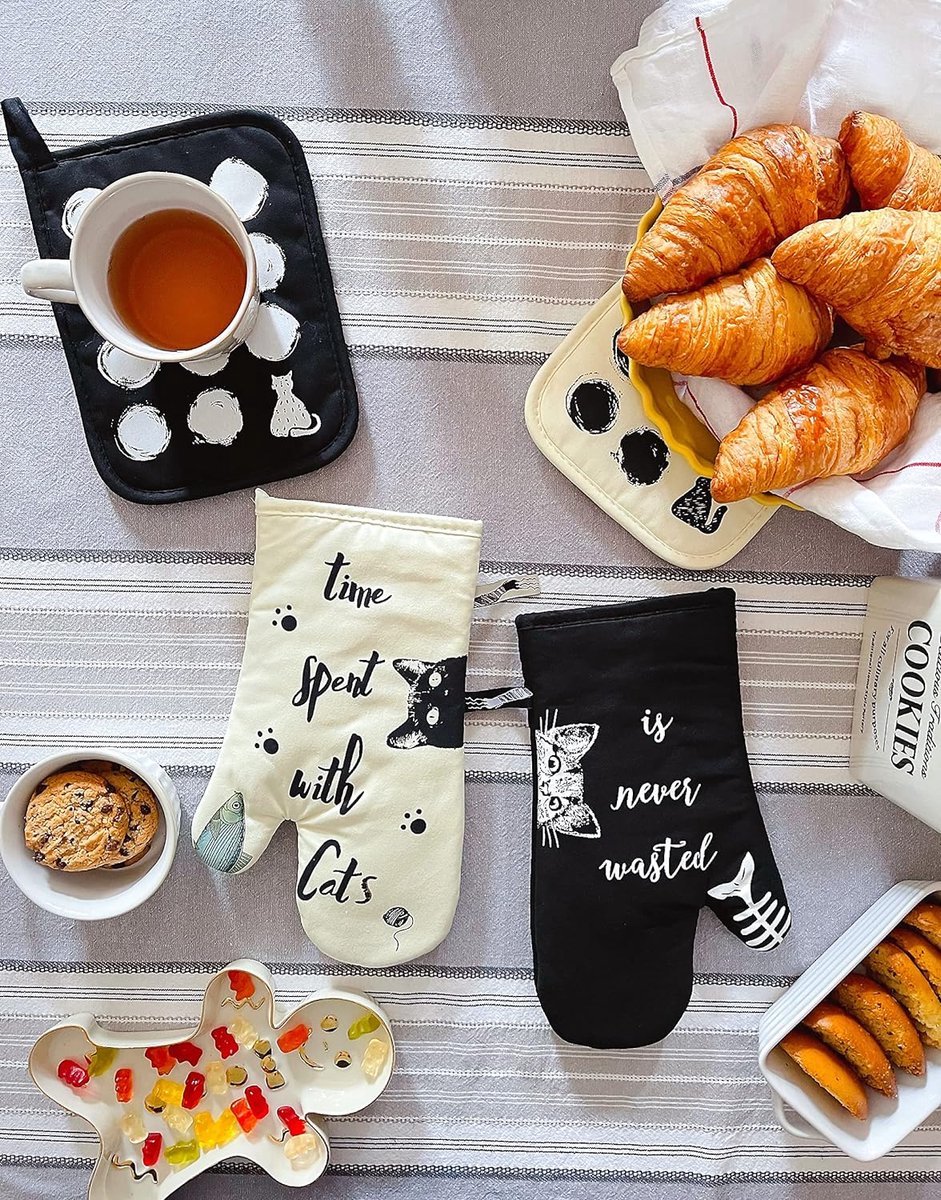Gants De Four Et Maniques Motif Chat - 100% Coton, Résistants à La Chaleur, Avec Boucle Pour Rangement