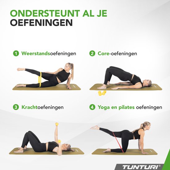 Vier oefeningen op een legergroene mat: weerstand, core, kracht en yoga/pilates.