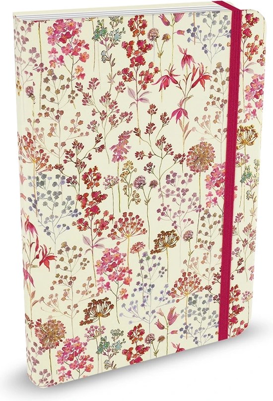 Crèmekleurig notitieboek met een levendige bloemenprint in rood-, roze- en paars tinten, met een bijpassende rode elastische sluiting.