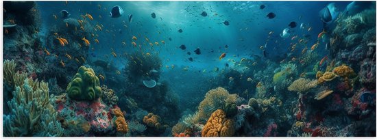 Poster (Mat) - Oceaan - Zee - Dieren - Vissen - Koraal - Kleuren - 150x50 cm Foto op Posterpapier met een Matte look