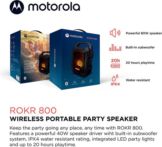 Motorola Sound ROKR 800 Bluetooth Speaker - 20-Uur Afspeeltijd - FM-Radio - Gekleurde LED-Verlichting - DC, USB, AUX, en MIC Aansluitingen - True Wireless Technologie - Zwart van Motorola — afbeelding 2