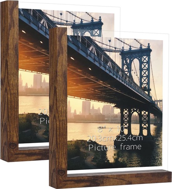 Set van 2 fotolijsten, 20 x 25 cm, dubbelzijdige glazen fotolijsten met L-vormige MDF-basis, voor tafelblad