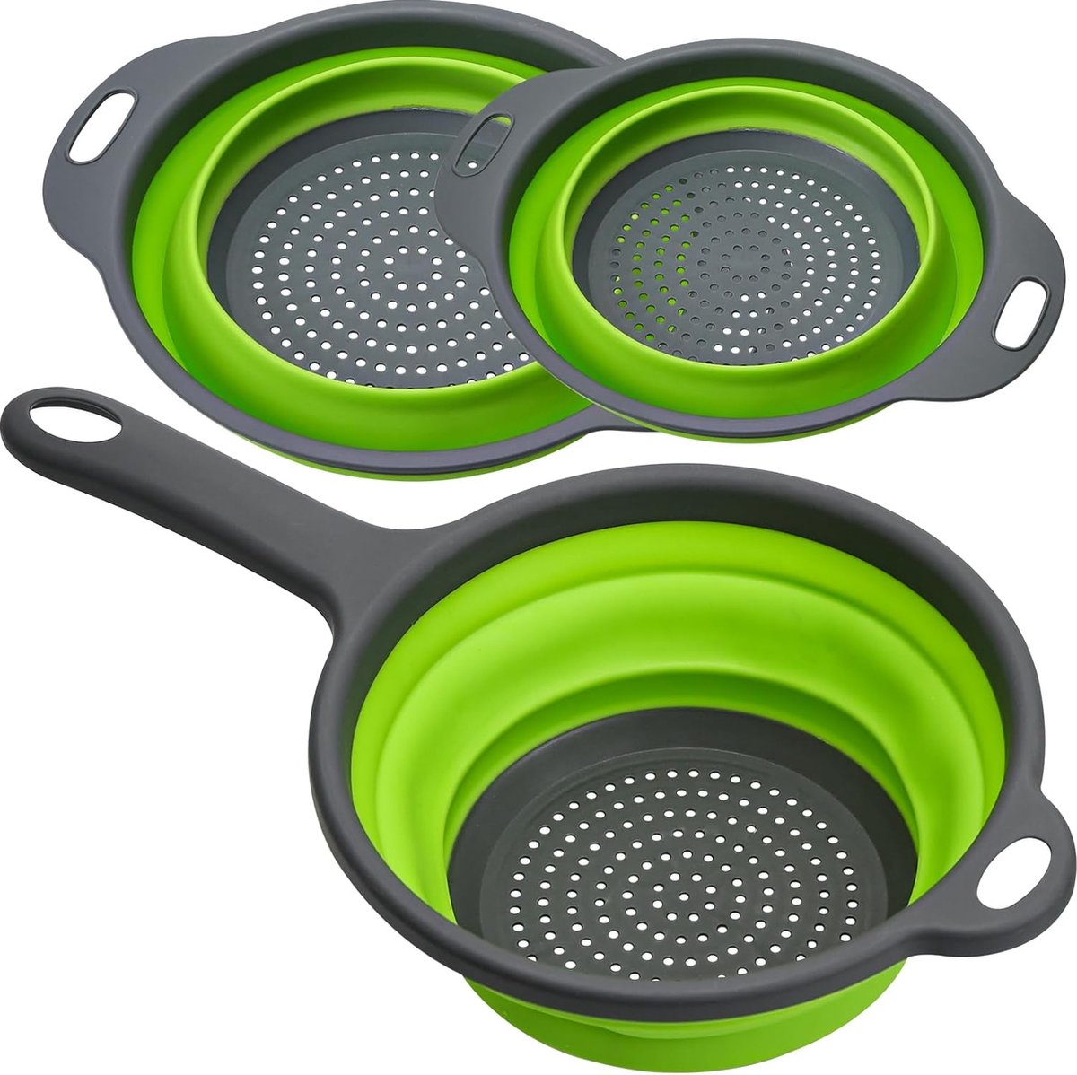 3 stuks opvouwbare siliconen filtermanden, opvouwbare zeefset, inklapbare siliconen filtermanden, afdruipzeef, keukenzeef, afwasbak van pasta, fruit, groenten (groen)