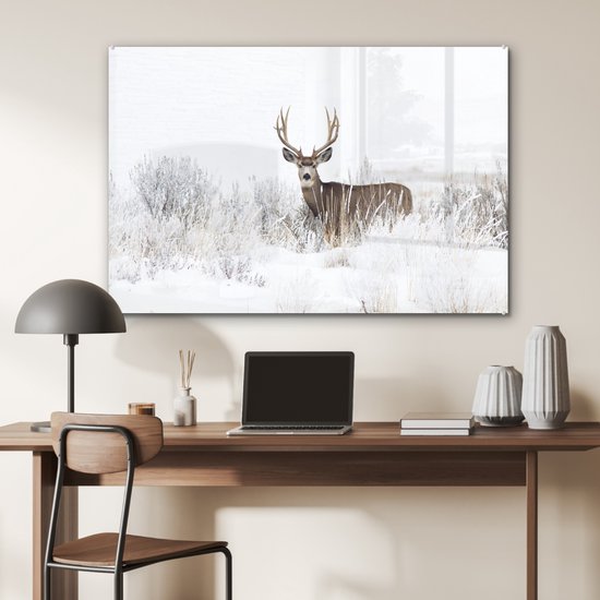 MuchoWow® Peinture sur Verre - Cerf - Hiver - Neige - Animaux - Saisons - Wit - 90x60 cm - Peintures sur Verre Peintures - Photo sur Glas