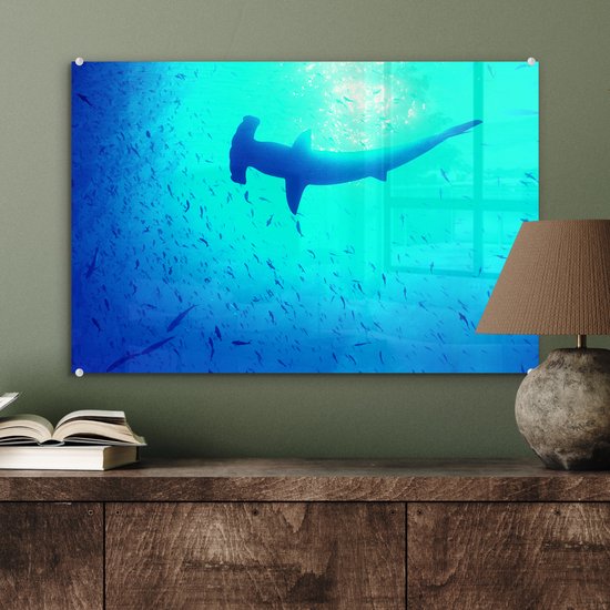 Peinture sur verre MuchoWow® 60x40 cm - Peinture acrylique sur verre - Shark -marteau (Sphyrna mokarran) parmi les poissons - Photo sur verre - Peintures