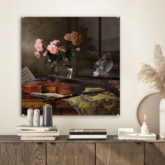 MuchoWow® Peinture sur verre 50x50 cm - Peinture sur verre acrylique - Violon - Roses - Rose - Fleurs - Nature morte - Photo sur verre - Peintures