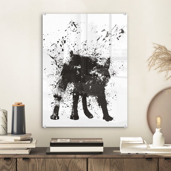 MuchoWow® Glasschilderij 30x40 cm - Schilderij acrylglas - Hond - Spetters - Zwart - Wit - Foto op glas - Schilderijen