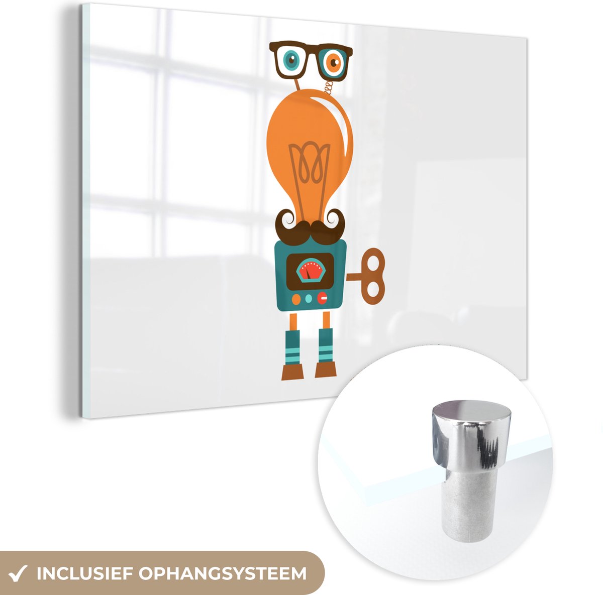 MuchoWow® Glasschilderij 90x60 cm - Schilderij acrylglas - Robot - Bril - Gloeilamp - Snor