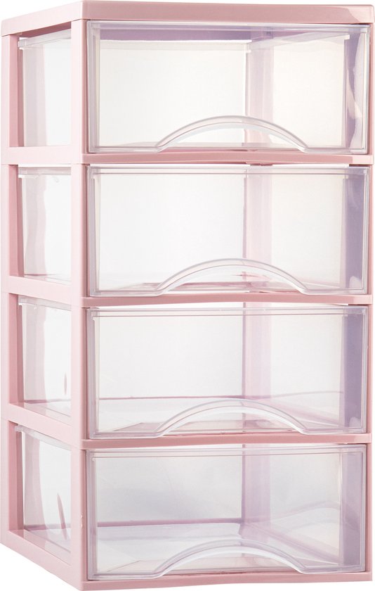 Plasticforte Ladeblokje/bureau organizer met 4x lades - transparant/roze - L26 x B36 x H49 cm