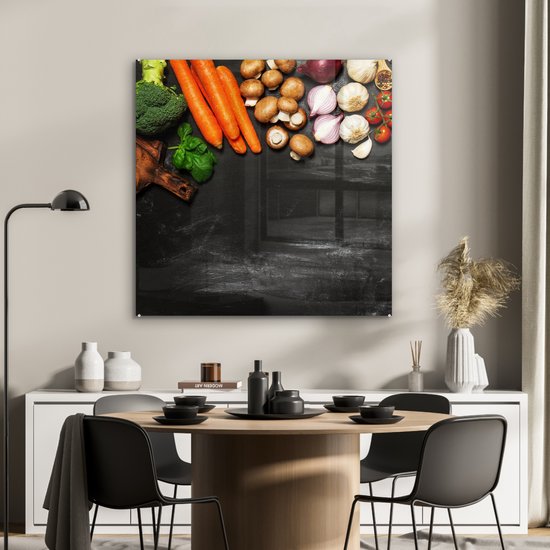 MuchoWow® Glasschilderij 90x90 cm - Schilderij acrylglas - Wortel - Groente - Kruiden - Specerijen - Rustiek - Foto op glas - Schilderijen