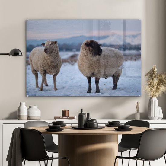 Deux moutons dans la neige Glas 120x80 cm - Tirage photo sur Glas (décoration murale en plexiglas)