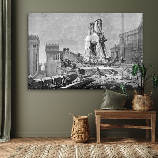 MuchoWow® Peinture sur verre 150x100 cm - Peinture sur verre acrylique - Une illustration antique en noir et blanc du cheval de Troie - Photo sur verre - Peintures