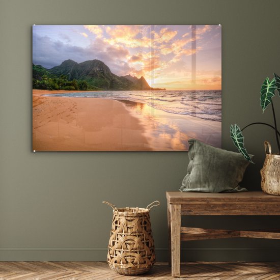 MuchoWow® Glasschilderij 120x80 cm - Schilderij acrylglas - Strand - Hawaï - Lucht - Foto op glas - Schilderijen