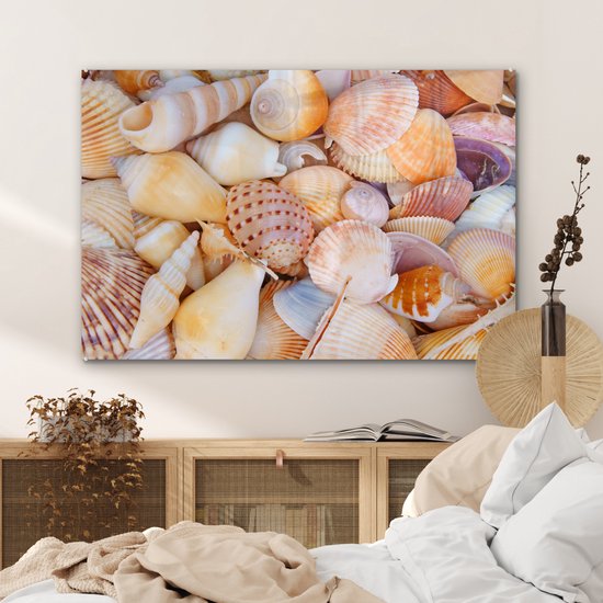 MuchoWow - Peinture sur verre - Plaque acrylique - Coquillages - Oranje - Jaune - Plage - Décoration murale - Peinture sur verre - Peinture sur verre mer - 120x80 cm - Photo sur verre - Verre acrylique