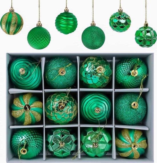 Kerstballen, 12 stuks, kerstballen, kerstboomversiering, mat en glanzend, glinsterende kerstballen, diameter 6 cm (groen)