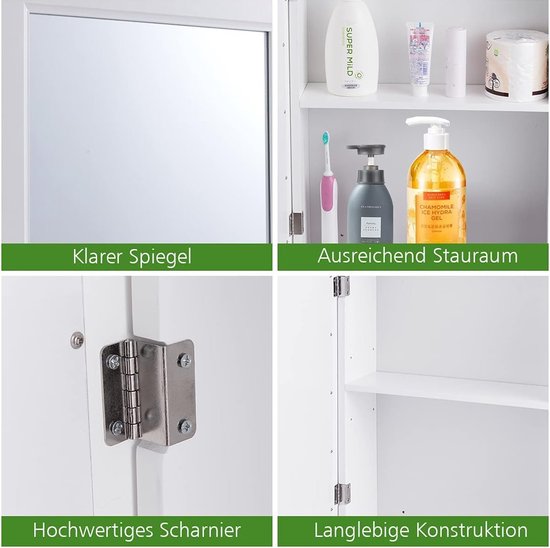 COSTWAY Spiegelkast voor badkamer, wandkast met spiegel, badkamerspiegelkast, hangkast, hout, badkamerspiegel, medicijnkastje met enkele deur voor badkamer, entree, woonkamer, grijs (wit