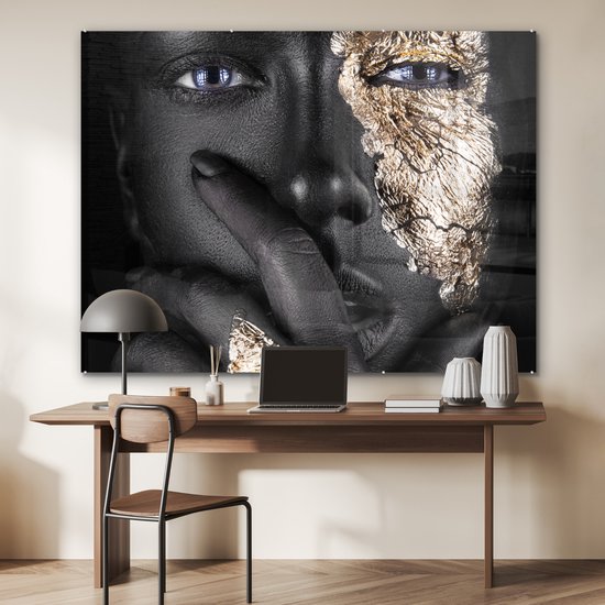 MuchoWow® Peinture sur verre 160x120 cm - Peinture sur verre acrylique - Femme - Or - Zwart - Maquillage - Luxe - Photo sur verre - Peintures