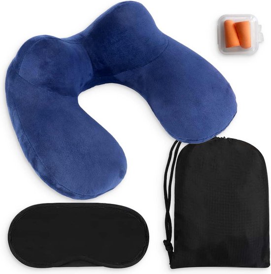 Opblaasbaar Nekkussen set 3 in 1 met Opbergtasje - Vliegtuig Kussen - Reiskussentje - Fluweel - U-Vorm – Inclusief slaapmasker en oordoppen – Blauw